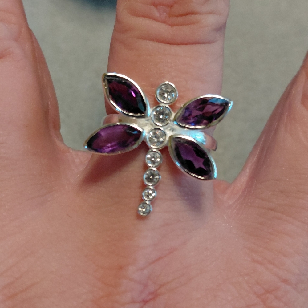 Amethyst And CZ Sterling Silver Dragonfly Ring - Picture 5 of 9
